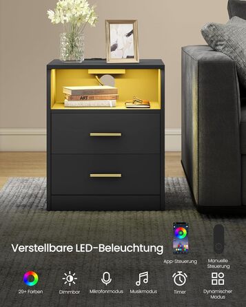 VASAGLE Custos: Набір з 2 тумбочок з LED-підсвічуванням та зарядкою, чорний, з шухлядами, 2 розетки AC та USB