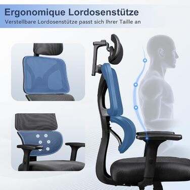 Офісне крісло Devaise ергономічне з регульованою поперековою підтримкою, високою спинкою, регульованою 3D-підголівником, 5D-підлокітниками, функцією гойдання, для офісу та дому, до 180 кг, чорне