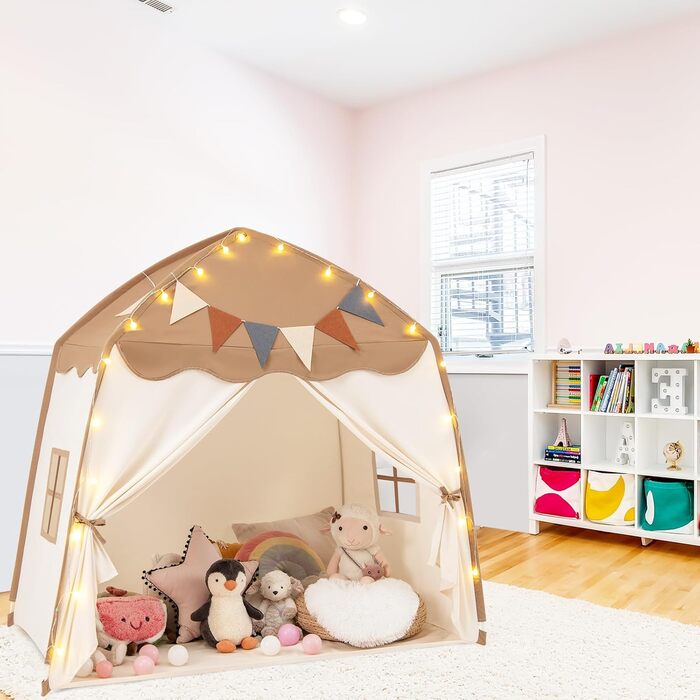 Дитяче намет-будиночок HOMASIS для гри в приміщенні, з 20 зірками, 12 стрічками, килимком, 2 вікнами та шторами, для дівчаток та хлопчиків (колір: коричневий)