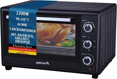 Міні-піч OptimumX 20L з конвекцією, таймером на 60 хв, для піци, 1380 Вт, чорна (об'єм 60 літрів)