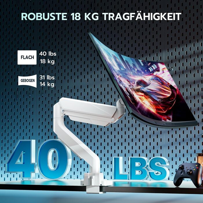 Кріплення для монітора ARES WING з USB A/C, 17'-45', регулювання висоти, білий. Підтримка VESA 100/75 мм, максимальне навантаження 18 кг