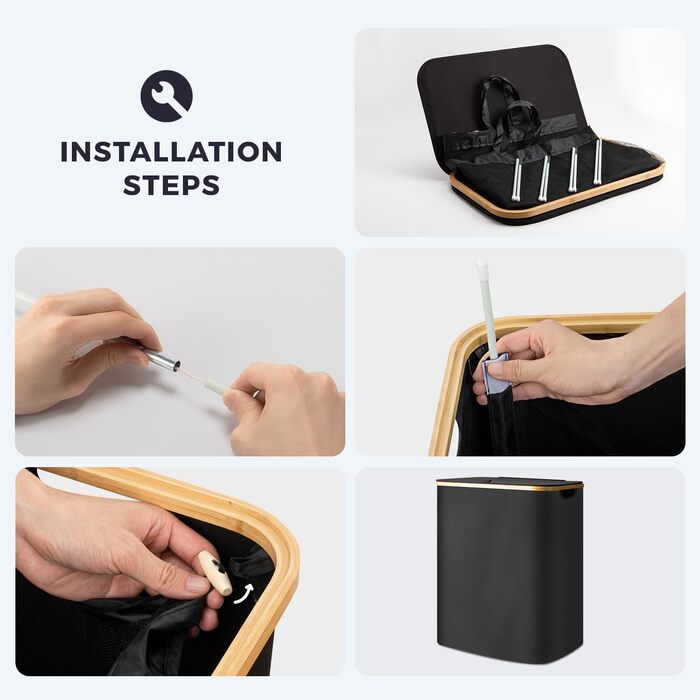 Кошик для білизни Rieeyrslza з кришкою 158 л з бамбука з 2 знімними мішками для білизни, Oxford, складний, для сортування, багатофункціональний, для ковдр та одягу (сірий) (чорний 145л)