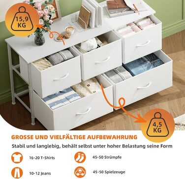 Тумбочка з шухлядами Somdot, тканинна тумбочка, біла тумбочка для спальні, вітальні, прихожої, 5 шухляд, 30x100x52.5 см