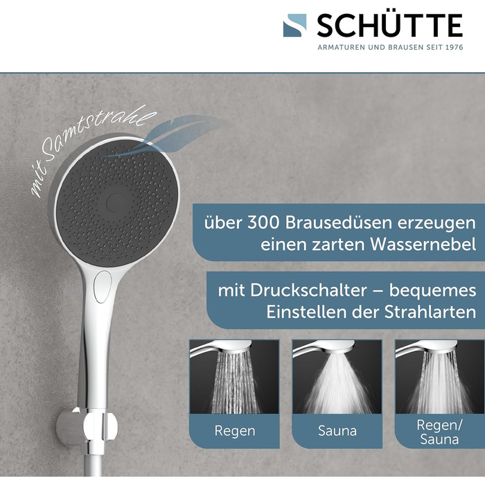 Ручний душ SCHTTE CAPRI з технологією оксамитового розпилення душова лійка з понад 300 струменями та 3 регульованими типами розпилення душова лійка проти накипу для душу (хром)