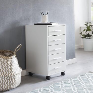 Роликовий контейнер FineBuy білий, 33 x 63 x 38 см, з 5 висувними ящиками. Шафа для офісу, письмовий стіл, домашній офіс