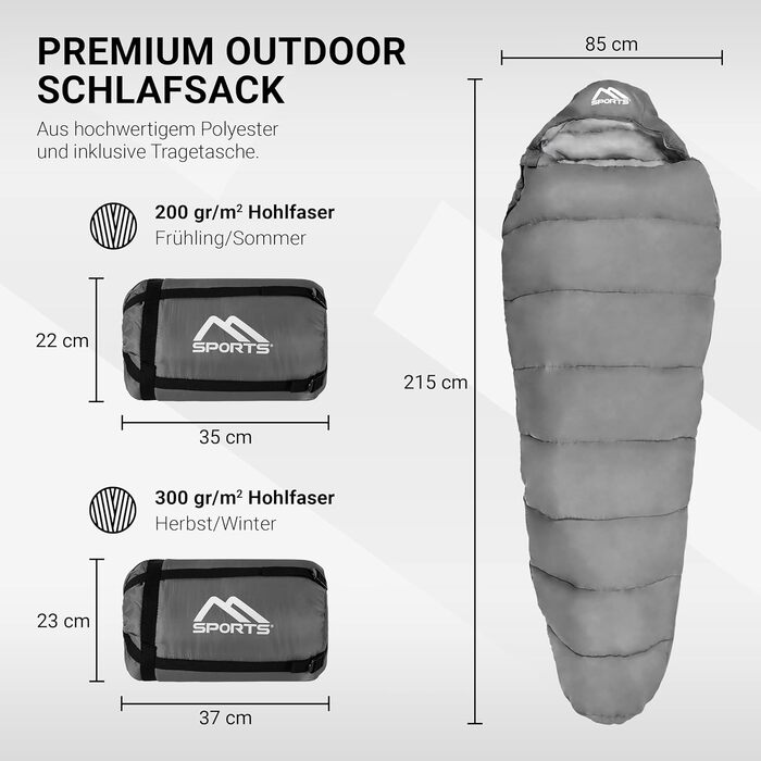 Спальний мішок MSPORTS Premium Outdoor з ременем для перенесення - на вибір для весняного/літнього (200 г/м) або осіннього/зимового (300 г/м) кемпінгу, подорожей, фестивалю теплий спальний мішок для мумій (сріблясто-сірий, 300 г/м осінь/зима)