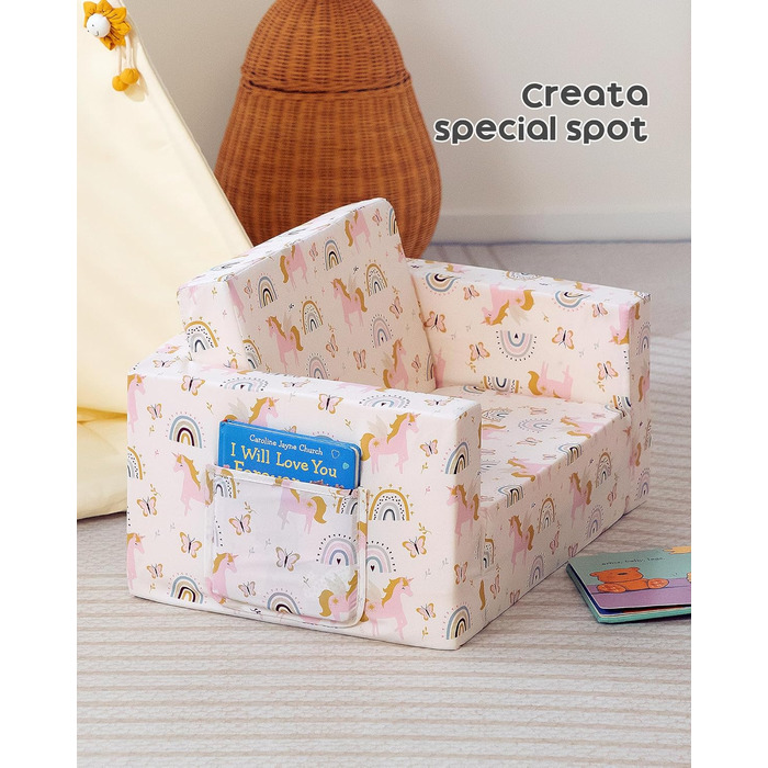 Дитяче розкладне диван-крісло BEJOY 2 в 1, Sherpa, з єдинорогом, бежевий, для дитячої кімнати, подарунок на день народження