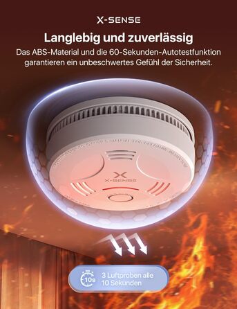 Датчик диму X-Sense з батареєю на 10 років та магнітним кріпленням, 10 шт. (SD11), сертифікат TÜV Rheinland, функція вимкнення звуку та самотестування, білий