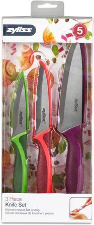 Zyliss E72404 Набір ножів із 3 предметів 9 см/10 см/14 см Зелений/Червоний/Фіолетовий Набір кухонних ножів Універсальний ніж/Ніж для чищення/Ніж для чищення/Ніж для чищення, 5 років гарантії Набір ножів 3