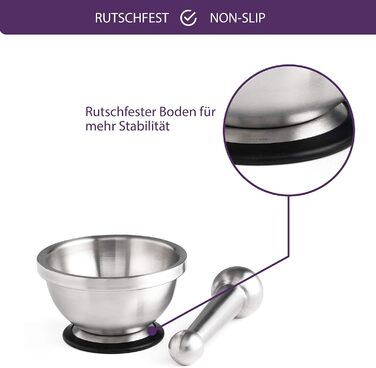 Мастрад - ступка та товкачок з нержавіючої сталі, стійкий до запахів, з антиковзним дном, придатний для миття в посудомийній машині