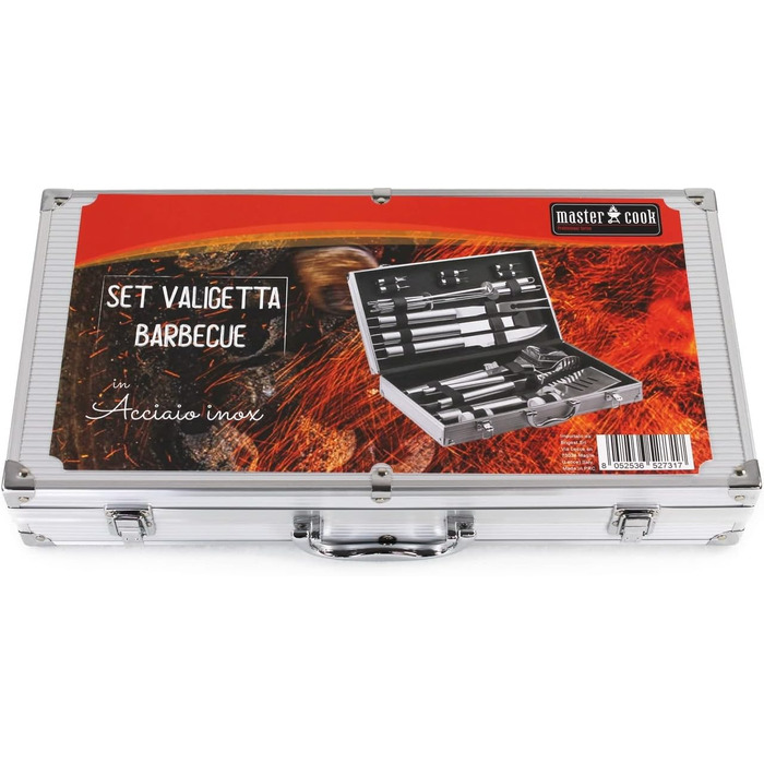 Набір аксесуарів для гриля Mastercook: сталевий кейс з щипцями, виделкою, шпателем та щіткою