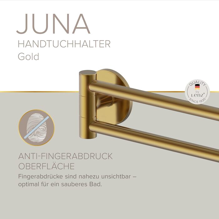 Тримач для рушників Lenz Juna, золото, 40 см, 2 поворотні руки, антифлерофільне покриття, монтаж на стіну (клей/свердління)