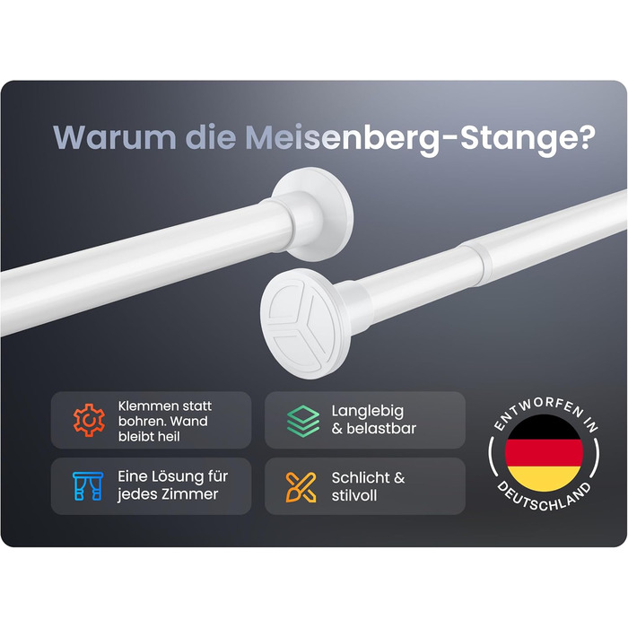 Телескопічна штанга для кріплення 260-310 см, Ø 25 мм, багатофункціональна штанга без свердління - для штор, душових завіс, ванної кімнати та балкону (90-160 см, біла)