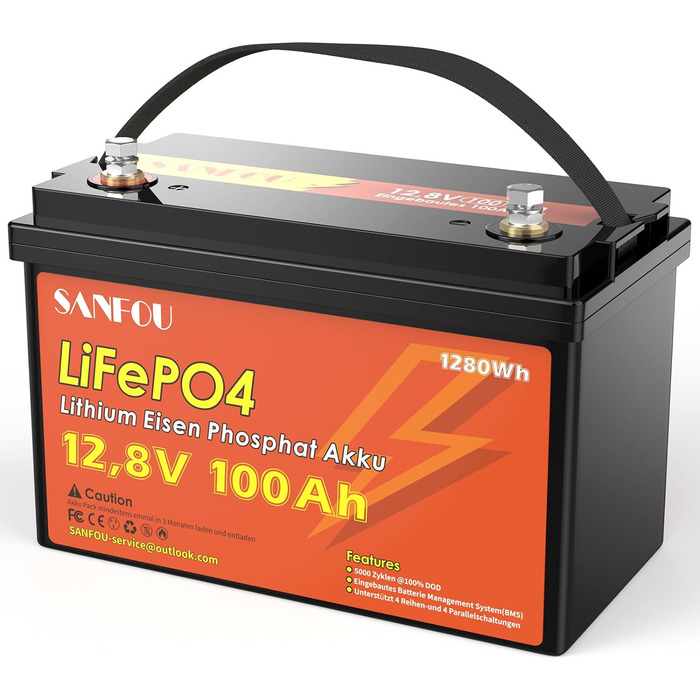 Акумулятор SANFOU 12V 100Ah LiFePO4, літієва батарея 1280 Втгод з BMS 100 А, автомобільні акумулятори 5000-15000 разів, підтримка 4S4P, ідеально підходить як джерело живлення для кемпінгу на автофургоні 12V100Ah