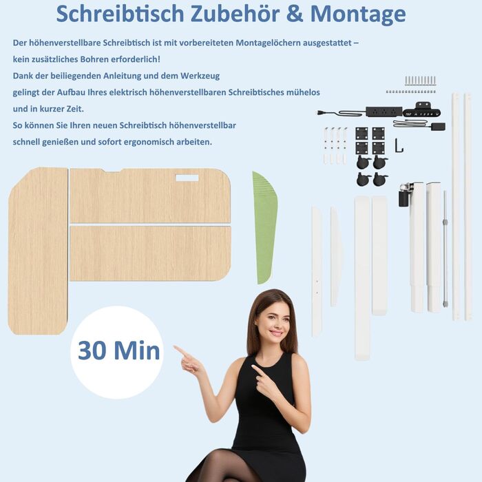 Електричний кутовий стіл з регулюванням висоти 150 см, L-подібний, з 4-ма пам'ятями, з'єднувальною панеллю, для дому та офісу (150x68 см, світло-коричневий/зелений)