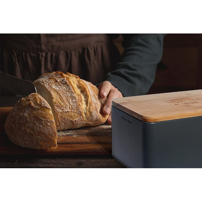 Хлібниця Тео і Клео з обробною дошкою, 33x215 см, матова Хлібниця з дерев'яною кришкою і лляною хлібницею, вентиляція по всьому периметру, братан