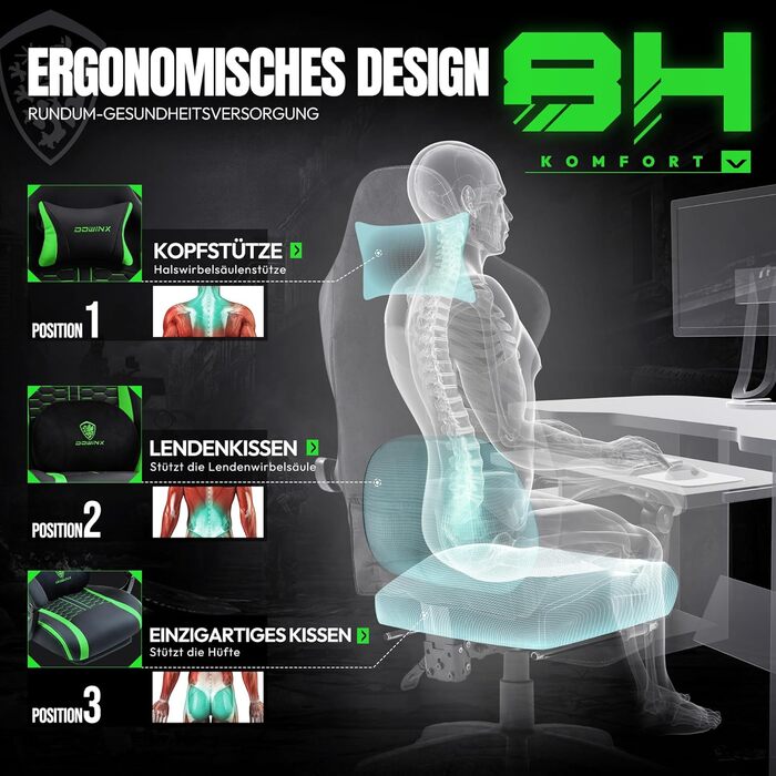 Ігровий крісло Dowinx з підігрівом, масажем, підтримкою попереку, кишеньковим пружинним сидінням та підставкою для ніг. Зелений колір.