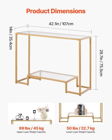 VEVOR Консольний столик з 2 ящиками, сучасний прямокутний, 107 x 35,4 x 75,5 см, з скляною стільницею, столик біля дивана з захистом від перекидання, для вітальні, передпокою, холлу