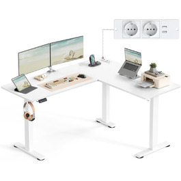 Електричний кутовий стіл VASAGLE з регулюванням висоти, 140 x 160 см, з підзарядкою, пам'ять висоти (2 положення), для офісу, білий (вохрений + матовий)