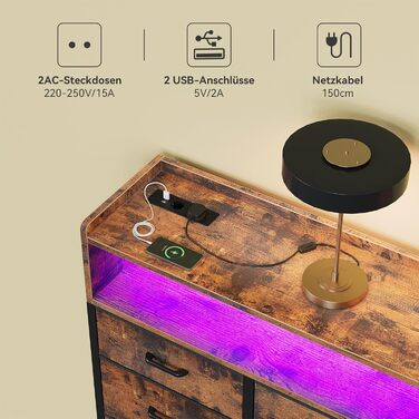 Комод ODK з шухлядами, 2 розетки, 2 USB, 10 LED-смужок, полиця-стільниця, 9 тканинних шухляд, чорний (ретро стиль), 130x30x97 см