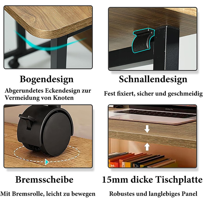 Маленький розкладний письмовий стіл з коліщатками та полицею, ширина 80 см, колір дуба, економія місця, промисловий дизайн