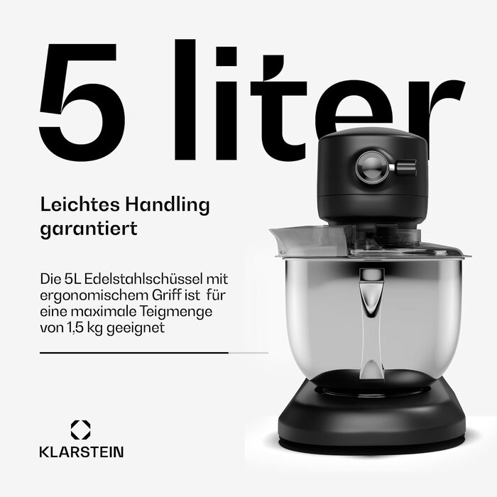 Кухонна машина Klarstein Chiara 1600W: 5л чаша з нержавіючої сталі, 12 швидкостей, LCD-дисплей, тиха робота (≤72 дБ), набір для випічки, корпус з алюмінію, чорний колір