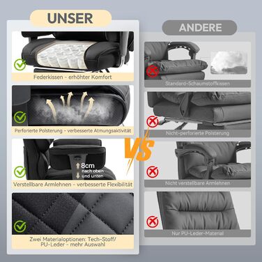 Ігровий крісло Dowinx, ергономічний офісний крісло з кишеньковим пружинним сидінням, крісло для начальника з подвійною м'якою спинкою та регульованою поперековою подушкою, підлокітниками та підставкою для ніг (Чорний, тканина)