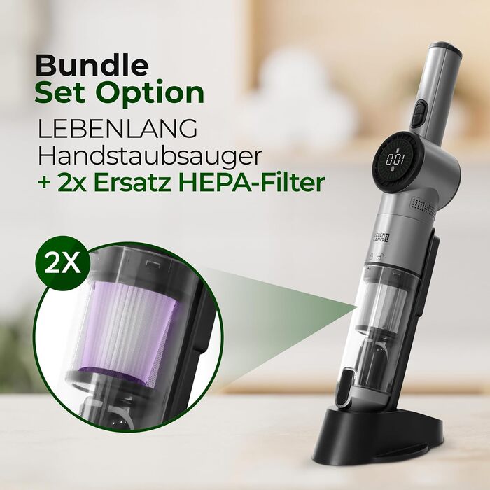LEBENLANG Бездротовий ручний пилосос з акумулятором + 2 HEPA-фільтри | Потужність 17000Pa | Зі станцією зарядки | Для дому та авто
