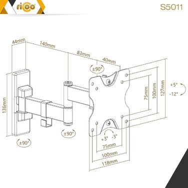 Кріплення для монітора RICOO S5011 - настінна поворотна підставка для монітора 13-34 дюймів (VESA 75x75 & 100x100)