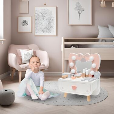 Детський туалетний столик Mamabrum XXL з дерева з пуфом та LED-дзеркалом – для дівчаток від 3 років, з ящиком та аксесуарами для макіяжу, ігровий набір та письмовий стіл (MAM242 DRESSING TAB)