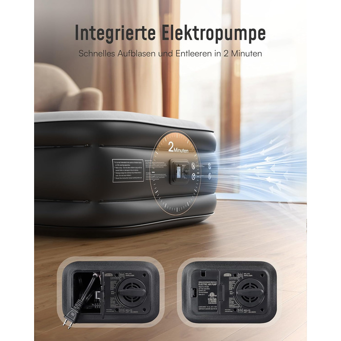 Надувний матрац Airefina з самонадуваванням та інтегрованою помпою, преміум-гостьове ліжко, швидке надування за 3 хвилини, для кемпінгу та дому, 203x152x40 см, 2 особи