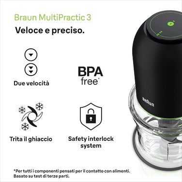 Подрібнювач Braun MultiPractic 3 CH3011BK чорний, 500 Вт, 4 леза з нержавіючої сталі, для льоду, посудомийна машина