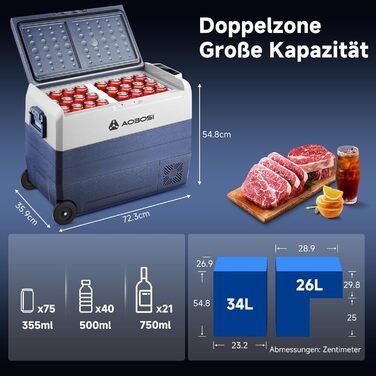 Автомобільний компресорний холодильник AAOBOSI 50л з Wi-Fi, 12/24V та 220V, охолодження до -20°C для авто, вантажівок, кемпінгу, з двома зонами