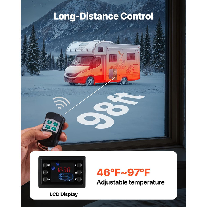 Дизельний опалювач VEVOR 8 кВт, 12/24 В, портативний, з пульт. та LCD, 5л, для авто, вантажівок, кемперів, блакитний