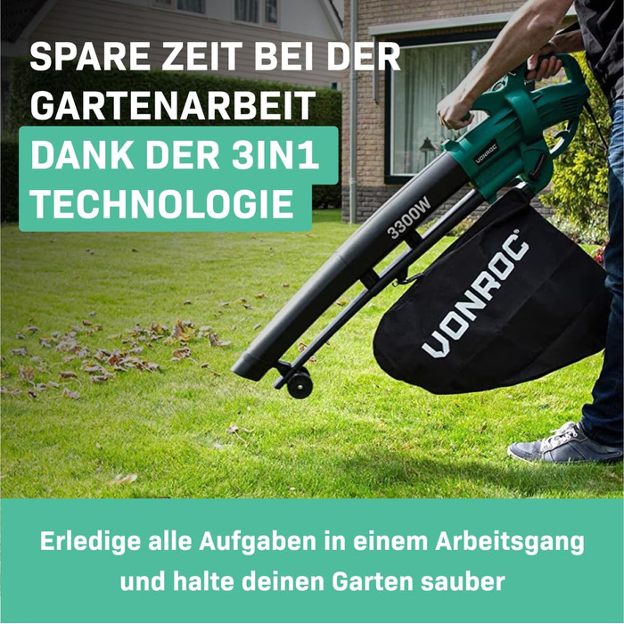 Електричний повітродув-пилосос VONROC 3300W 3-в-1 з функцією подрібнення листя та мішком для збору 40л
