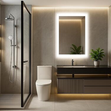 Дзеркало для ванної кімнати з підсвічуванням LED, антизапар, 2 кольори світла (3000K/6500K), вимикач-клавіша, прямокутне, 45 x 60 см