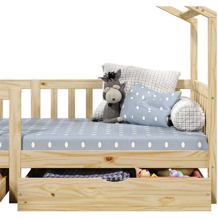 Ліжко для дому IDIMEX ELEA з масиву сосни, дитяче ліжечко із захистом від падіння 90х200см, ігрове ліжко з дахом (натуральне)