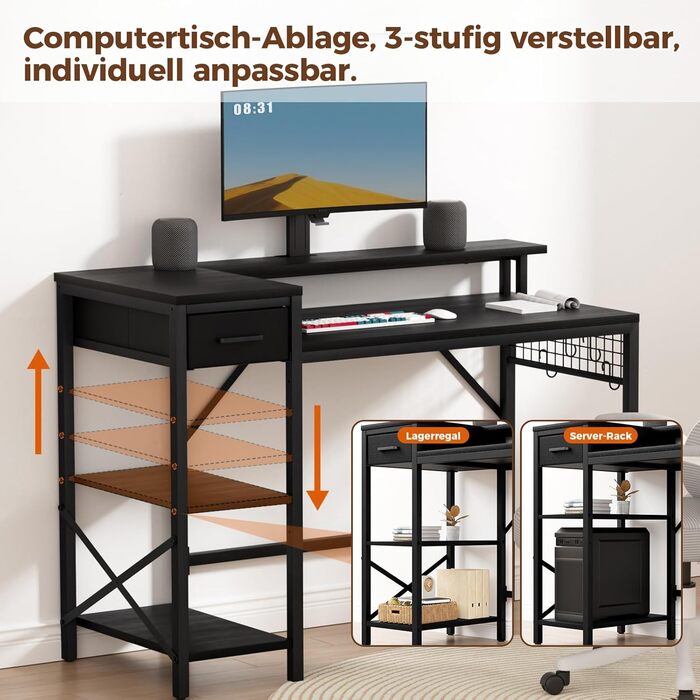 Ігровий стіл Oak & Tea 120x52 см з ящиками, регульованою полицею та підставкою для монітора – для роботи, навчання та геймінгу, коричнево-чорний