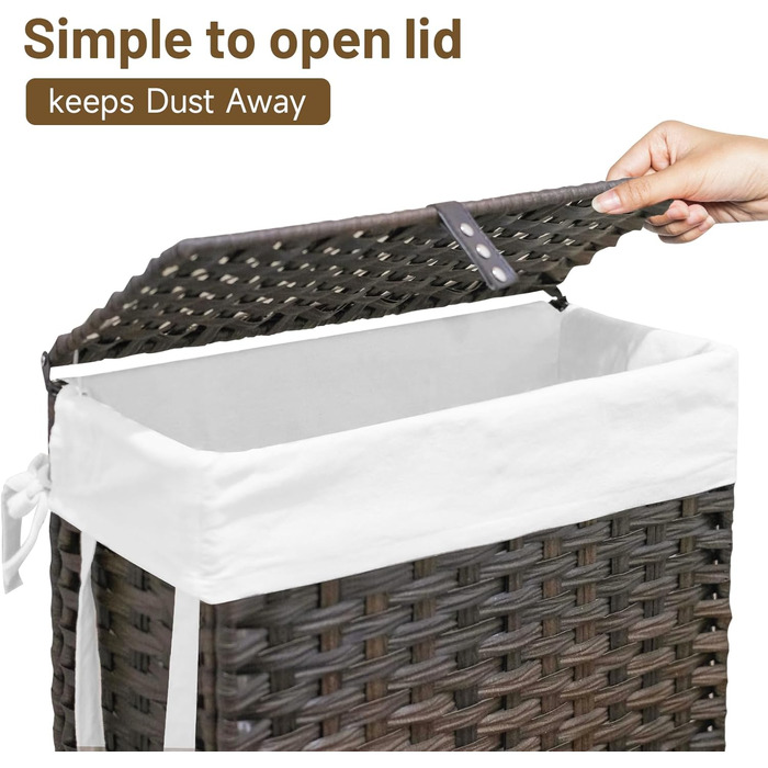 Кошик для білизни 70L з кришкою та колесами, коричневий. Знімні мішки для білизни та сортування