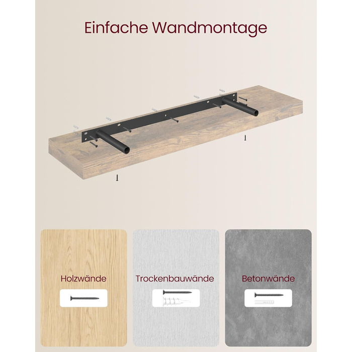 Настінна полиця VASAGLE, 2 шт., 20 x 80 x 3,8 см, вінтажний колір, для декору, фотографій, вітальні, кухні, офісу