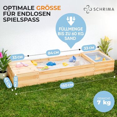 SCHRIMA® 4-в-1 пісочниця з масиву дерева з водяною ванною, відсіком для зберігання і кришкою-лавкою, для тераси, балкона або саду