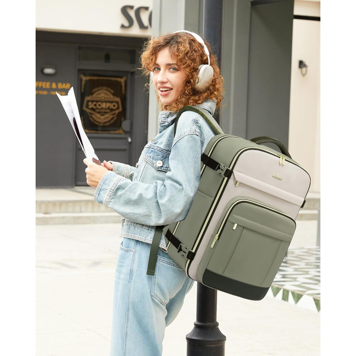 LOVEVOOK Рюкзак ручної поклажі, 40L, для подорожей, дамський, водонепроникний, для ноутбука 17 дюймів, кофр-рюкзак, для роботи, ділових поїздок, Weekender, оливково-зелений, світло-бежевий, оливково-зелений