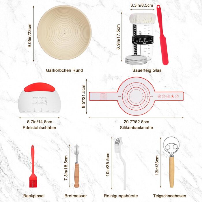 Набір для приготування закваски SHANNA: 9 предметів для випікання хліба, включаючи корзину для бродіння, скляну банку для закваски, скребок для тіста та інші аксесуари