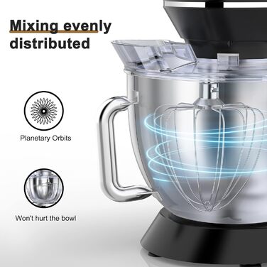 Кухонна машина 9.5л з планетарним міксером, 1500W, DOBBOR, з набором насадок (міксер, гак для тіста, вінчик), захист від бризок, 7 швидкостей, чорний колір