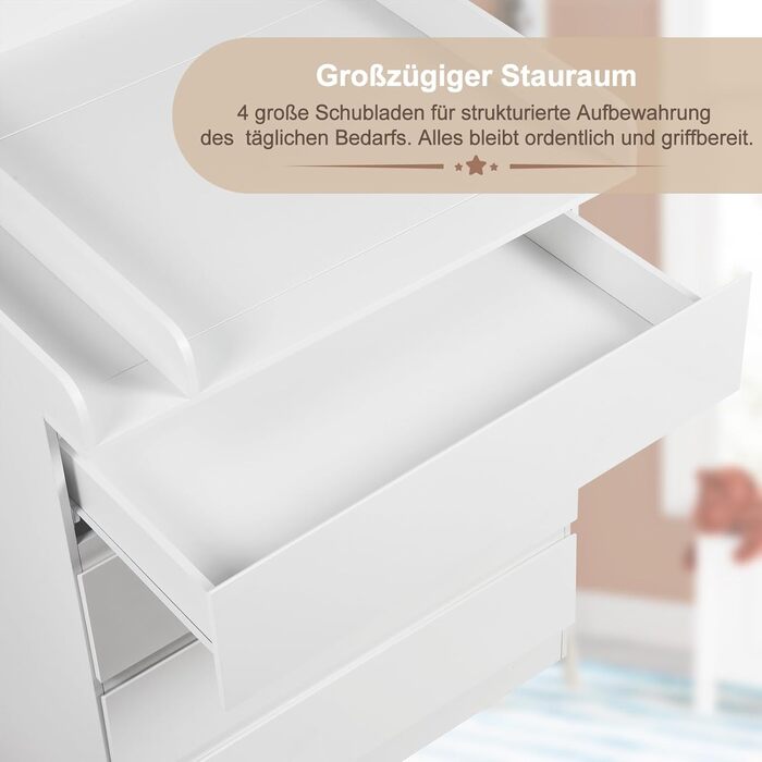 Комод для переодягання дитини Woltu з знімним пеленальним столиком, пеленальний столик, комод з 4 висувними ящиками, висота 110 см, білий + глянсовий білий