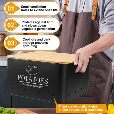 Набір контейнерів для зберігання картоплі, цибулі та часнику (3 шт.) з бамбуковим кришками - зберігає овочі свіжими. Чорний колір