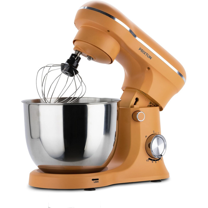 Міксер Prixton KR250 для випічки, 1500 Вт, 10 швидкостей, чаша 5 л з нержавіючої сталі, 3 насадки, прозорий ковпак (Оранжевий)