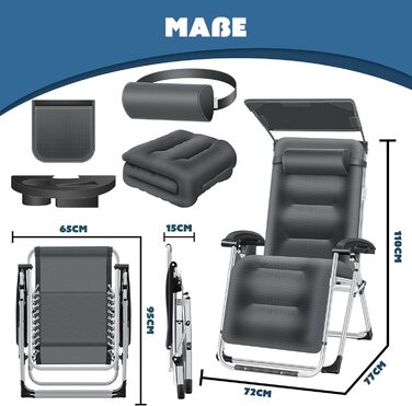 Шезлонг KESSER® для саду, широке посадкове місце, стійкий до погодних умов, витримує до 200 кг, ергономічна спинка з регулюванням та подушкою, підсклянник, підлокітники та бічна кишеня, антрацитовий колір