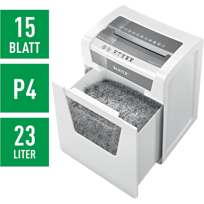 Шредер Leitz IQ Office P5, мікроріз, 11- (70-80 г/м²), сертифікований TÜV+GS, 2 години роботи, висувний 23L контейнер, тихий офісний шредер, білий