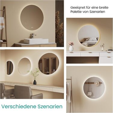 Дзеркало для ванної кімнати EMKE круглої форми з підсвічуванням 80 см – кругле дзеркало з 3 кольорами світла, регулюванням яскравості, сенсорним керуванням, функцією пам'яті та енергозбереженням. Розміри: 80 см x 80 см